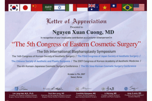 Thư cám ơn của Hội nghị giải phẫu Quốc Tế tháng 10 năm 2007 chứng nhận BS. Nguyễn Xuân Cương	