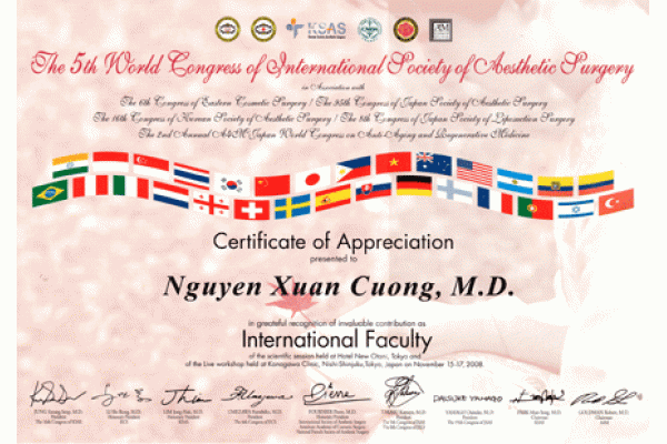 Chứng chỉ cám ơn BS Cương do hội giải phẫu thẩm mỹ Quốc tế trao tặng tại Tokyo, Nhật Bản - 11/2008	